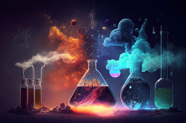 Photo illustration de fond scientifique conception scientifique flacons verre et chimie éléments physiques