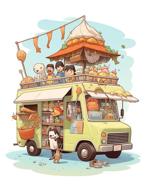 Une illustration d'un food truck avec un groupe de personnes dessus.