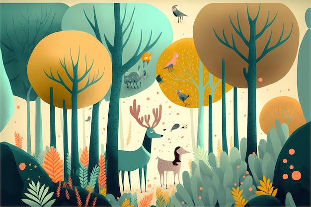 Illustration de forêt d'arrière-plan, colorée avec un style plat unique, pour tous les types d'imprimables que vous souhaitez