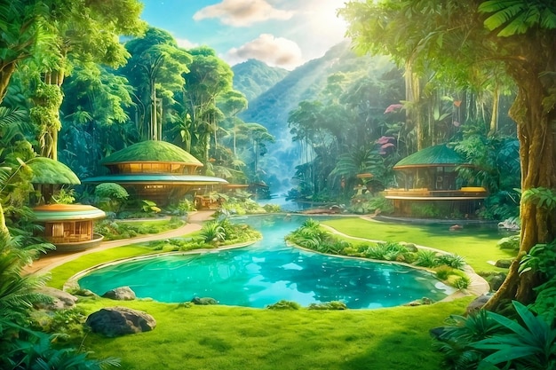 illustration de forêt de fond sauvage avec des arbres de dessin animé bateau train château amp jungle paysage nature