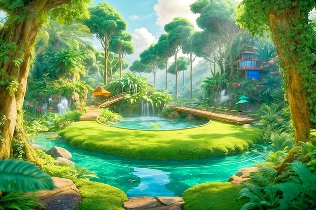 illustration de forêt de fond sauvage avec des arbres de dessin animé bateau train château amp jungle paysage nature