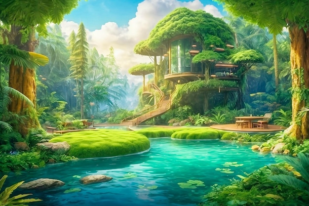 illustration de forêt de fond sauvage avec des arbres de dessin animé bateau train château amp jungle paysage nature