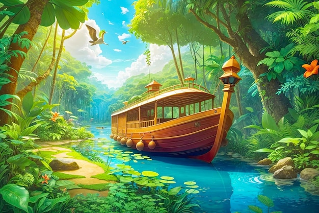 illustration de forêt de fond sauvage avec des arbres de dessin animé bateau train château amp jungle paysage nature