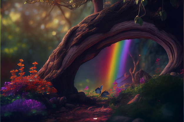 Illustration de la forêt magique avec arc-en-ciel et arbre AI