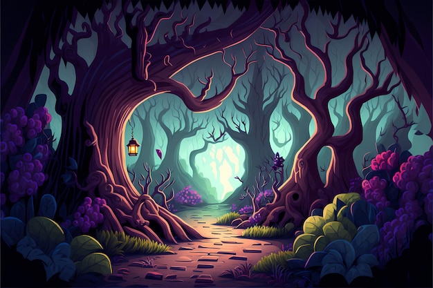 Illustration de forêt mystique de fond, paysage de style dessin animé, fond de nature sans fin