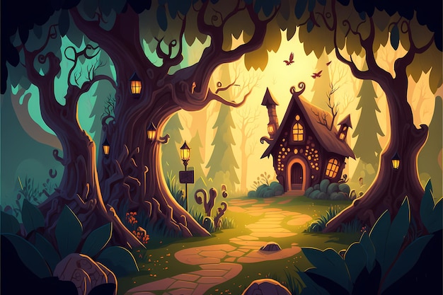 Illustration de forêt mystique de fond, paysage de style dessin animé, fond de nature sans fin