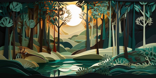 une illustration d'une forêt sombre avec une pleine lune en arrière-plan