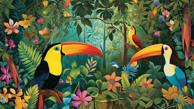 Illustration de la forêt tropicale avec des toucans Generative AI