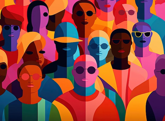 Photo illustration d'une foule de gens qui ont l'air différents dans le style du colorisme vibrant