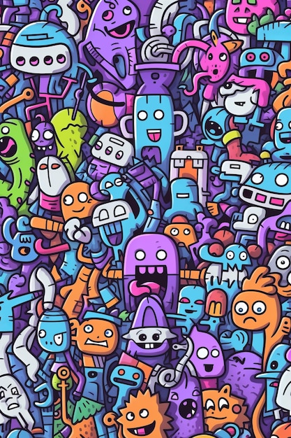 Illustration d'une foule de griffons colorés, d'un étranger mignon et d'un monstre créés avec la technologie d'IA générative
