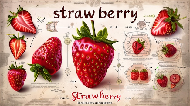 Photo illustration de fraise dans le style d'un vieux livre de science avec des infographies