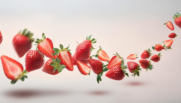 Illustration de fraises flottantes sur un fond blanc donnant une impression fraîche et propre