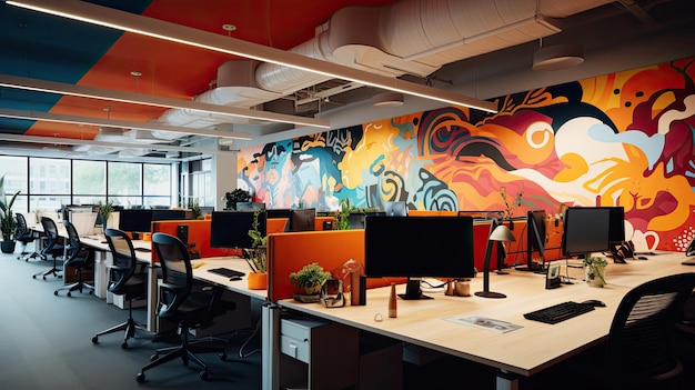 Illustration d'une fresque murale vibrante ornant les murs d'un bureau moderne
