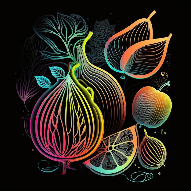 Photo illustration fruit et fond noir avec générateur de lumière au néon ai