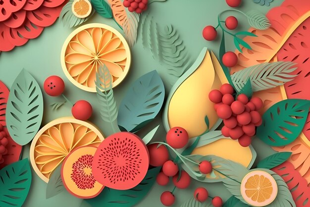 Illustration avec des fruits d'été et des baies dans un style papier découpé AI générative