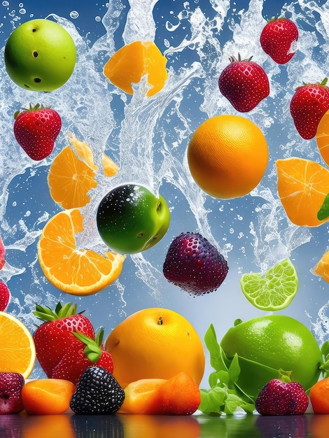 Illustration de fruits tombant dans un plan d'eau créant des ondulations et des éclaboussures créées avec la technologie Generative AI