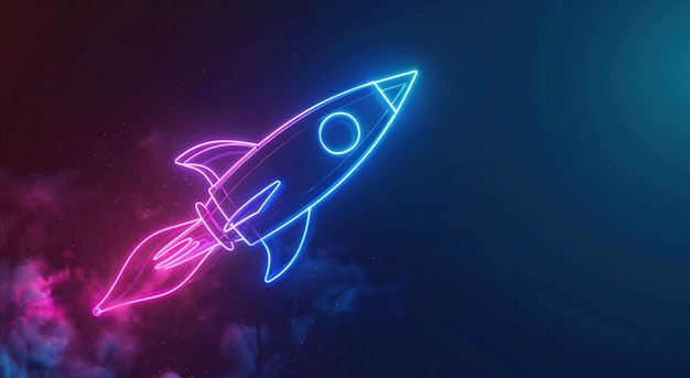 Illustration de fusée au néon avec un effet lumineux vibrant sur un fond sombre et fumé