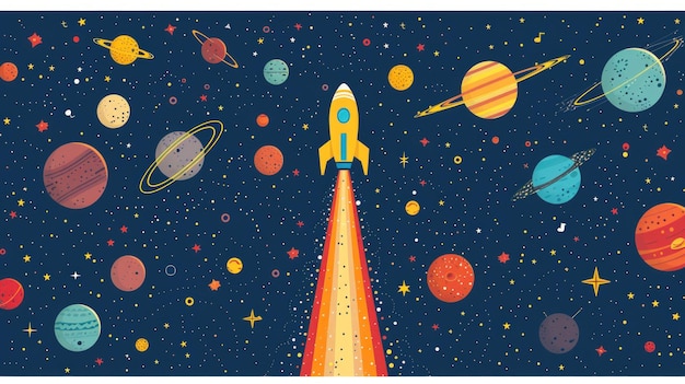 Illustration une fusée spatiale volant dans le système solaire arrière-plan de style dessin animé généré par l'IA