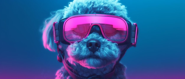 Illustration futuriste chien caniche maltais dans des lunettes VR