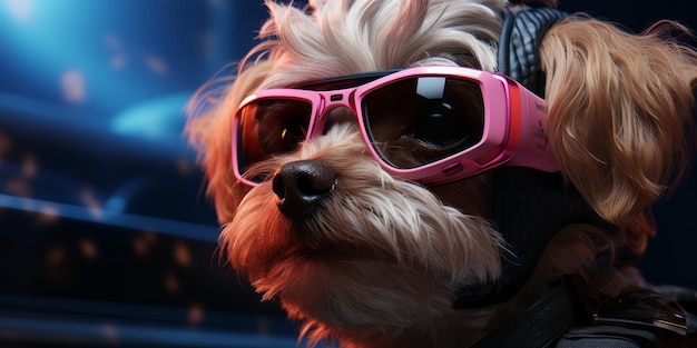 Illustration futuriste chien caniche maltais dans des lunettes VR