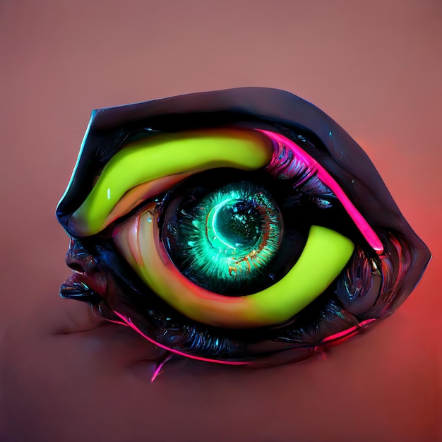 Photo illustration futuriste du cyber-œil dans des couleurs néon oeil numérique psychédélique avec des formes fluides brillantes