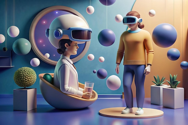 Photo illustration futuriste d'une personne avec des lunettes de réalité virtuelle et des éléments en arrière-plan
