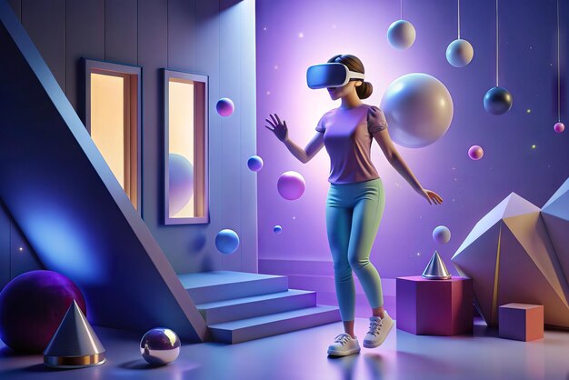 Photo illustration futuriste d'une personne avec des lunettes de réalité virtuelle et des éléments en arrière-plan