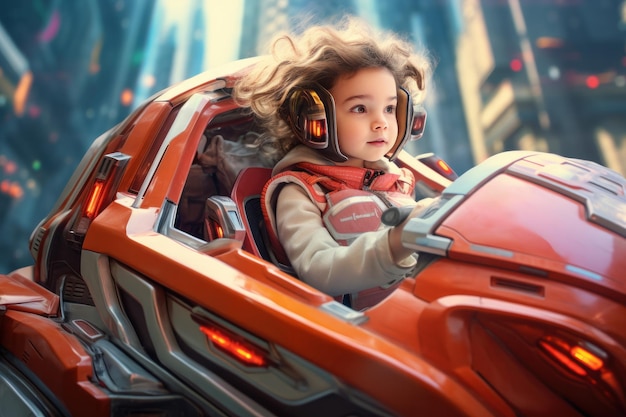 Illustration futuriste d'une petite fille conduisant un vaisseau spatial dans la ville