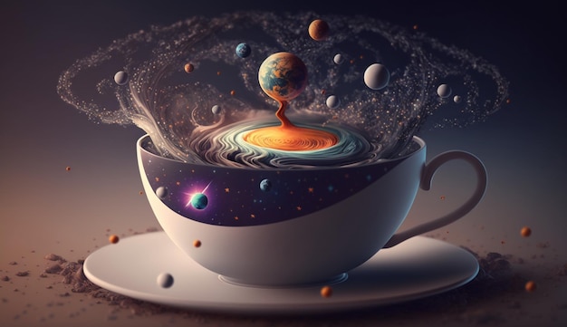 Illustration d'une galaxie de mondes dans une tasse de thé avec soucoupe IA générative