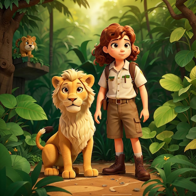 Photo illustration d'un garçon et d'une fille gardiens du zoo avec un lion dans la jungle