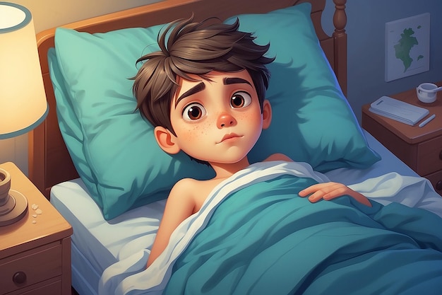 Illustration d'un garçon malade allongé dans un lit