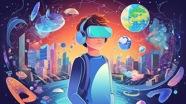 Illustration d'un garçon portant un casque de réalité virtuelle tout en voyant le métaverse