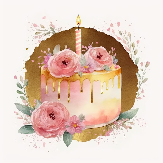 Illustration de gâteau d'anniversaire aquarelle AI générative