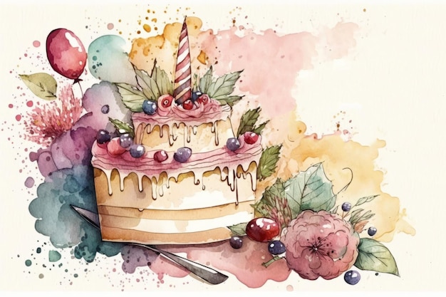 Illustration de gâteau d'anniversaire aquarelle AI GenerativexA