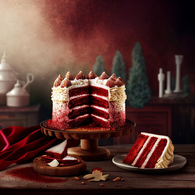 Illustration de gâteau de velours rouge dessert sucré avec de la crème au beurre blanc sur l'assiette fond rustique minimal et confortable