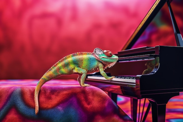 Photo illustration générative ai caméléon coloré jouant du piano