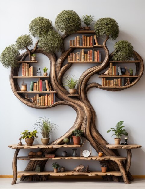 Une illustration générative d'un arbre fait de livres Il y a beaucoup de livres dans une grande bibliothèque La pièce a un canapé où les gens peuvent lire