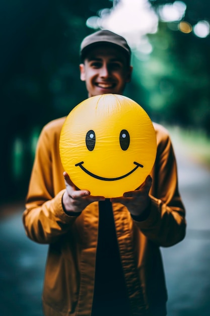 Illustration générative d'un ballon jaune sur le visage avec un sourire heureux par une journée ensoleilléeConcept de positivité