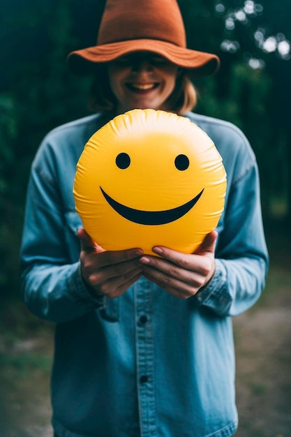 Illustration générative d'un ballon jaune sur le visage avec un sourire heureux par une journée ensoleilléeConcept de positivité