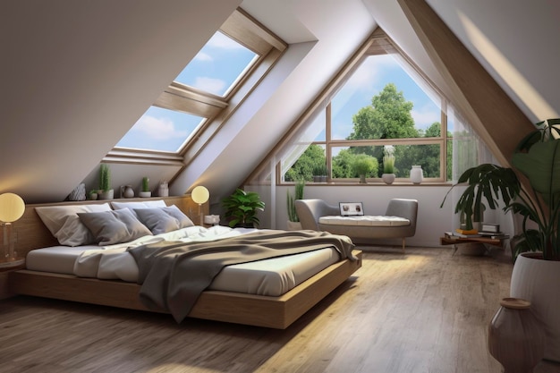 Illustration générative d'une chambre à coucher dans un grenier avec des meubles recyclés et des matériaux durables