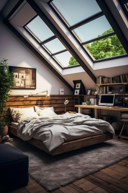 Illustration générative d'une chambre à coucher dans un grenier avec des meubles recyclés et des matériaux durables