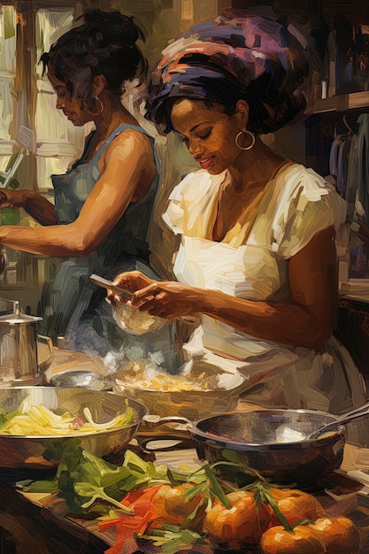 Illustration générative d'un couple de belles femmes noires cuisinant ensemble dans une cuisine classique Style d'illustrationArt numérique