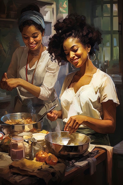 Photo illustration générative d'un couple de belles femmes noires cuisinant ensemble dans une cuisine classique style d'illustrationart numérique
