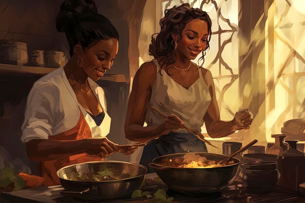 Illustration générative d'un couple de belles femmes noires cuisinant ensemble dans une cuisine classique Style d'illustrationArt numérique