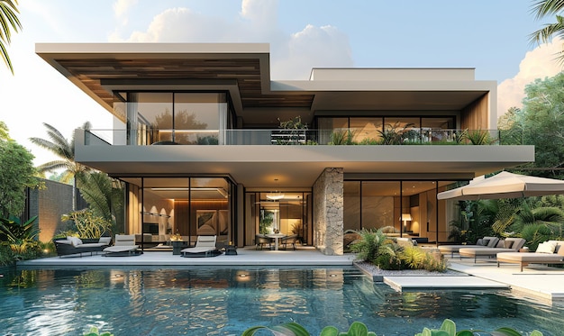 Illustration générative d'un croquis d'architecte d'une maison avec piscine
