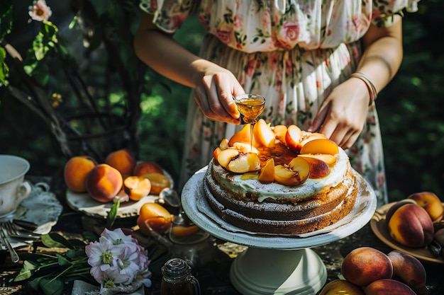 Photo illustration générative d'une délicieuse tarte aux pêches faite maison