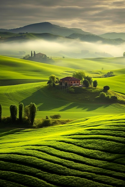 Illustration générative du paysage de l'IA de la vallée de Toscane en Italie au coucher du soleil Concept nature