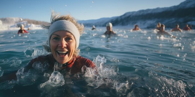 Illustration générative d'une femme caucasienne mature nageant sur un lac glacé en hiver