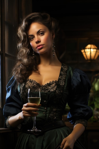 Illustration générative d'une femme debout avec un verre de champagne