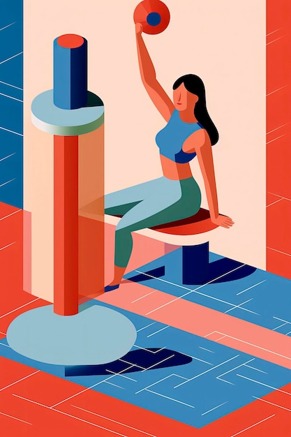 Illustration générative d'une femme faisant des exercices de fitness dans une salle de sport dans un style d'illustration minimalisteArt numérique